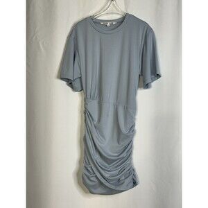 Grey Lab Women's Blue Ruched Bodycon Short Dress Flutter Sleeve Crew Neck S
